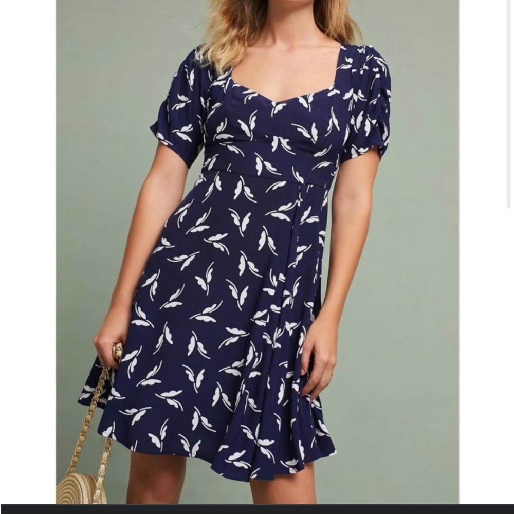 Maeve Navy Blue Mini Dress with White Leaf Print